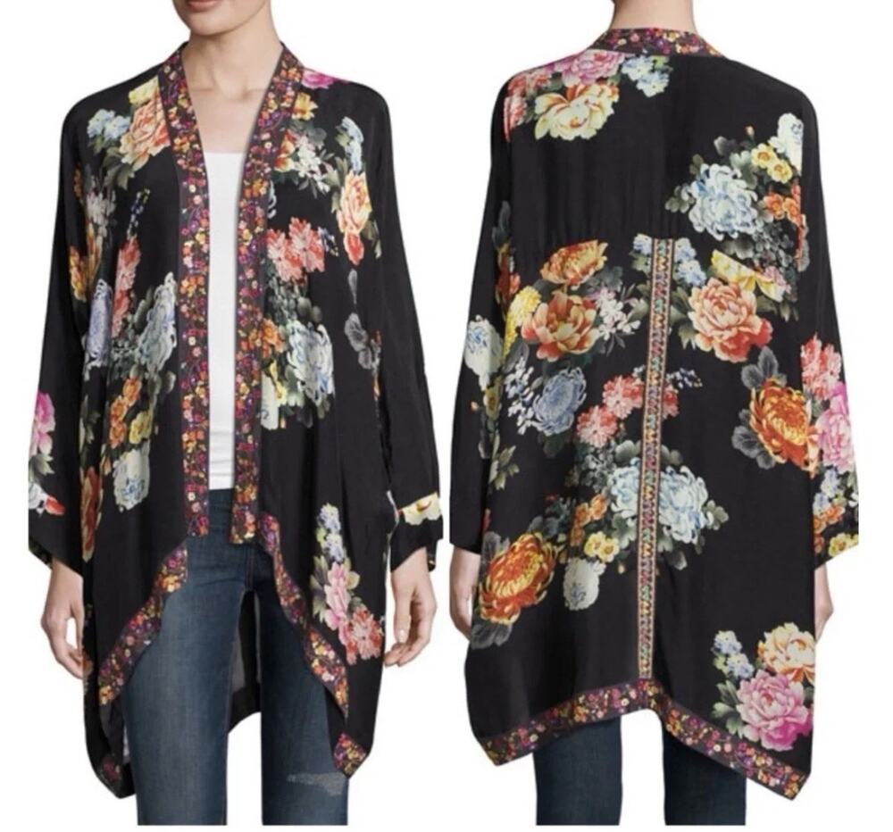 Johnny Was Kimono Tunic 3X Black Floral Embroidered Pockets Boho Designer Luxury